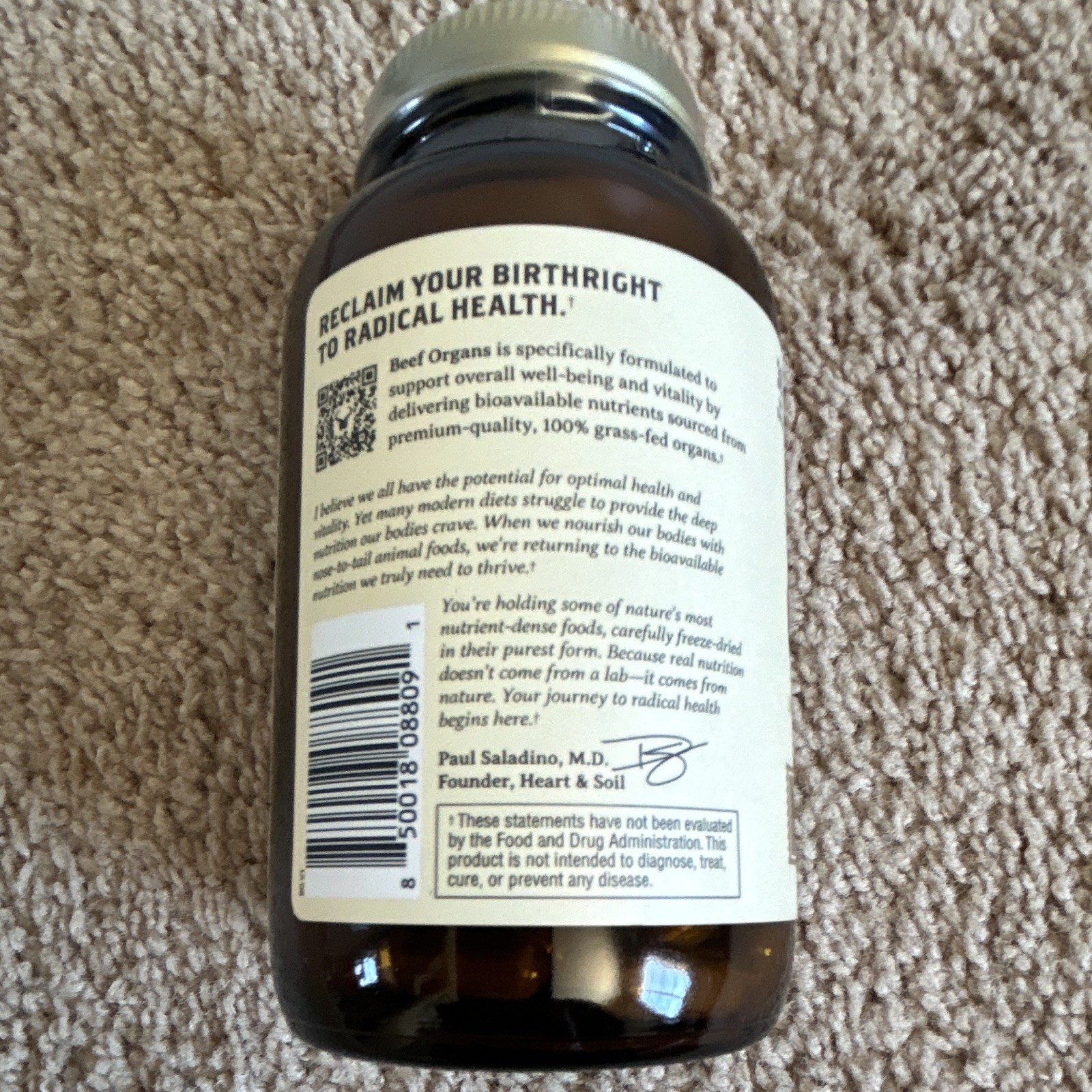 Heart & Soil Beef Organs Grass Fed Capsules 180 ct 600 mg Exp 12/2028