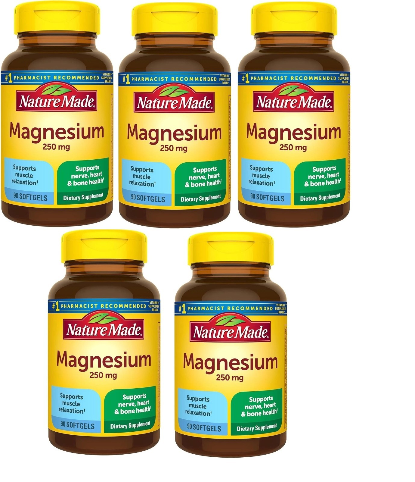 5 Pack Nature Made Magnesium, Helps Nerve & Muscle Function, 250 mg Exp 09/26+