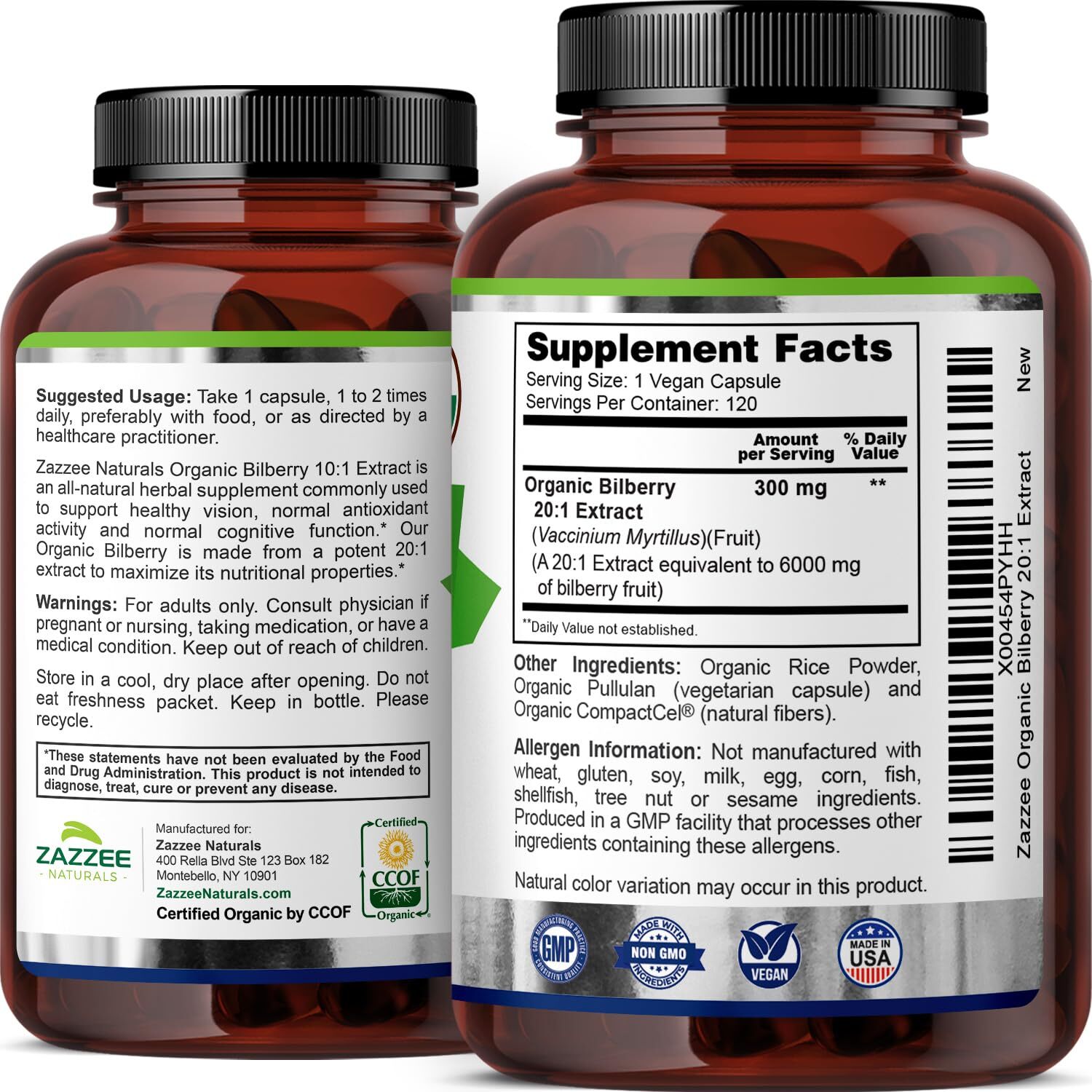 Zazzee USDA Organic Bilberry 201 Extract 6000 mg Strength 120 Vegan Capsules …