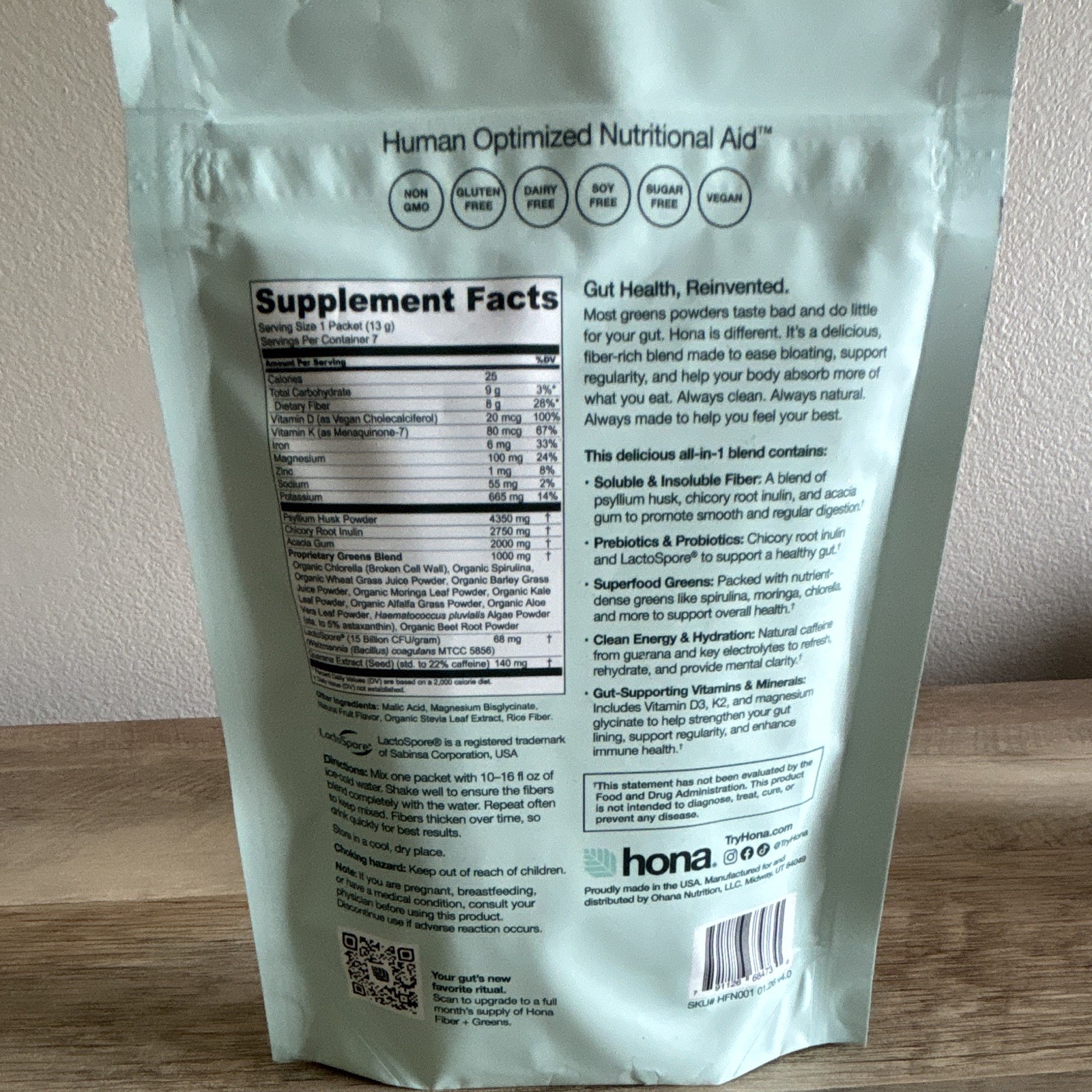 hona Fiber + Greens Gut & Superfood Blend Powder 3.2 oz (91 g) 7 Servings
