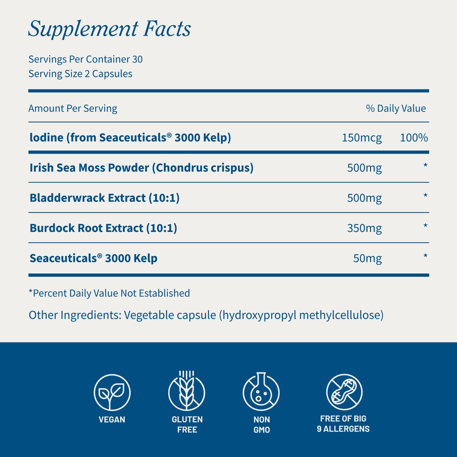 Organic Irish Sea Moss Capsules Thyroid Support Bladderwrack, Burdock Root 60ct