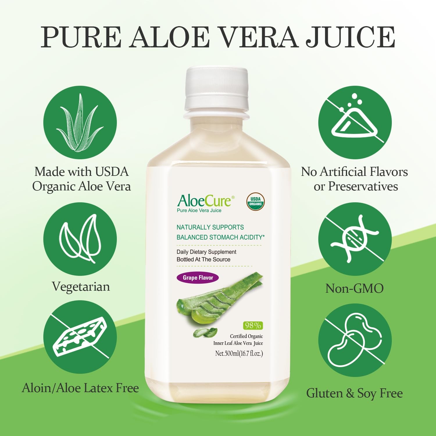 AloeCure USDA Organic Aloe Vera Juice Grape 16.7 Fl Oz (Pack of 1), White
