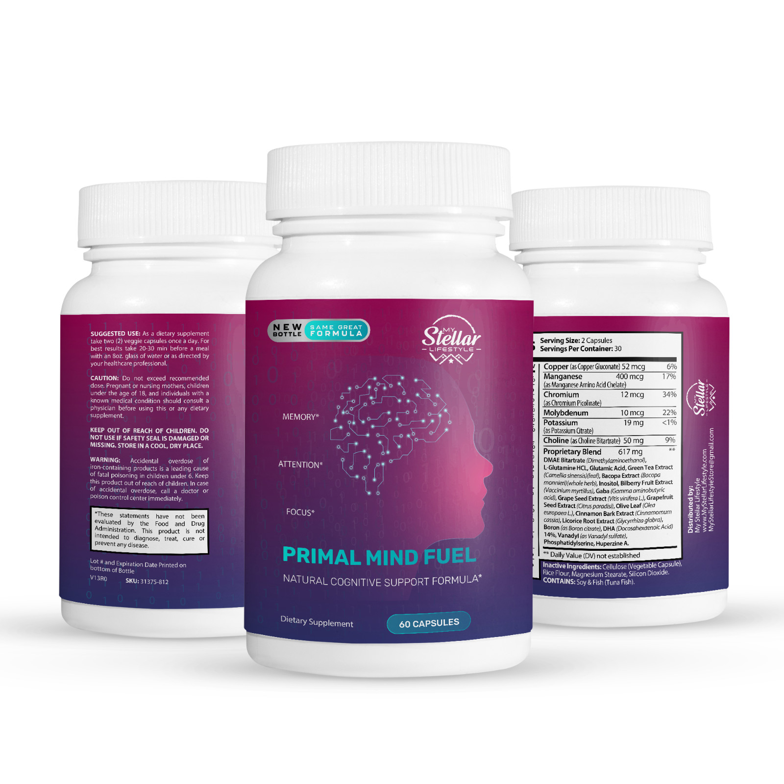 5 Pack Primal Mind Fuel, natural cognitive support helps memory-60 Capsules x5