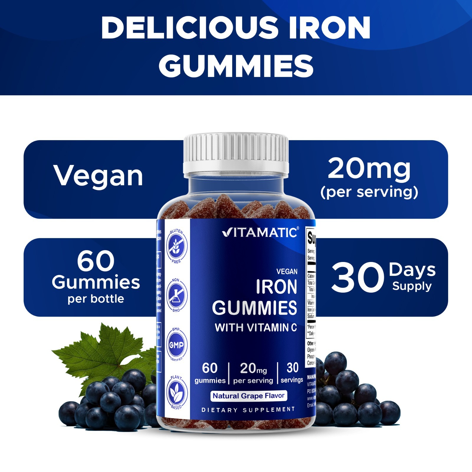 Vitamatic Iron Gummies Supplement – 20mg Serving – 60 Vegan Gummies pack of 3