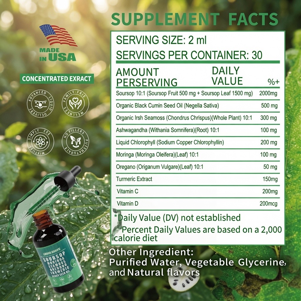 Loman Soursop Liquid Drops Seamoss Moringa Black Seed Oil 2 fl oz 60ml