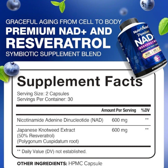 Nutrivein Premium NAD + Resveratrol Supplement 600 mg 30 Servings (60 Capsules)