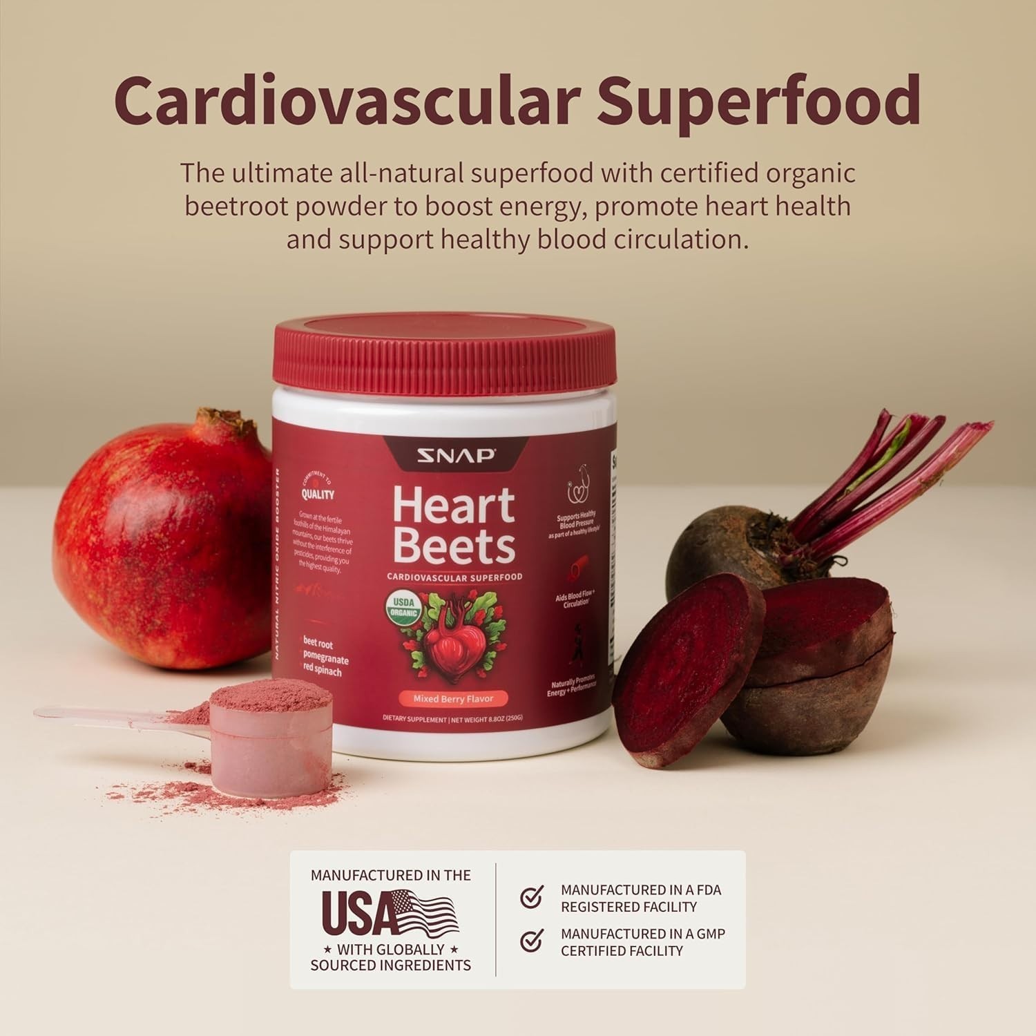 Snap Heart Beets Powder USDA Cardiovascular Superfood Nitric Oxide Booster