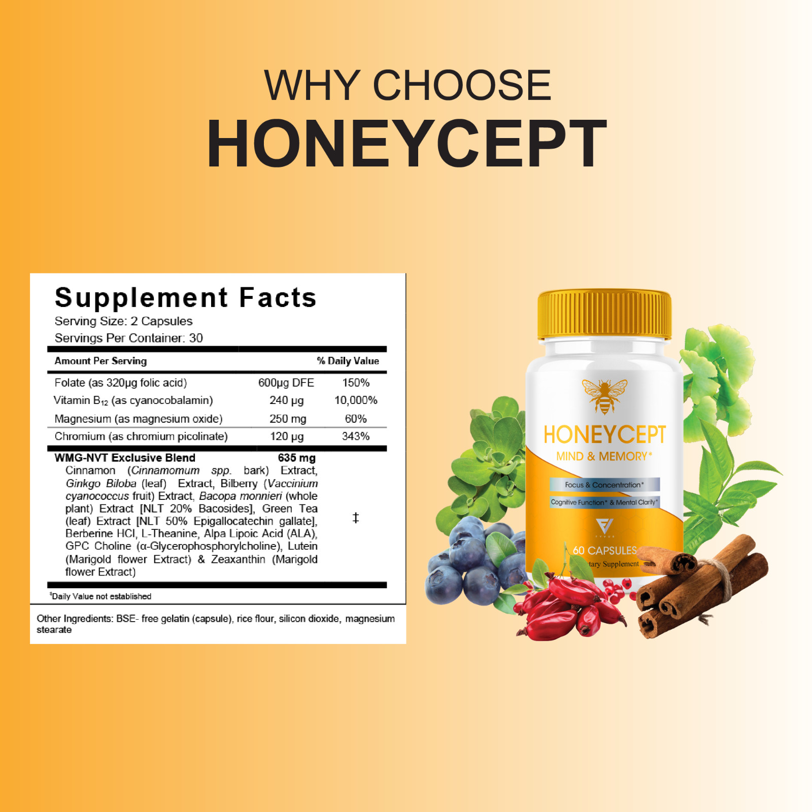 HoneyCept Mind and Memory Supplement, Honey Cept Pills (60 Capsules)