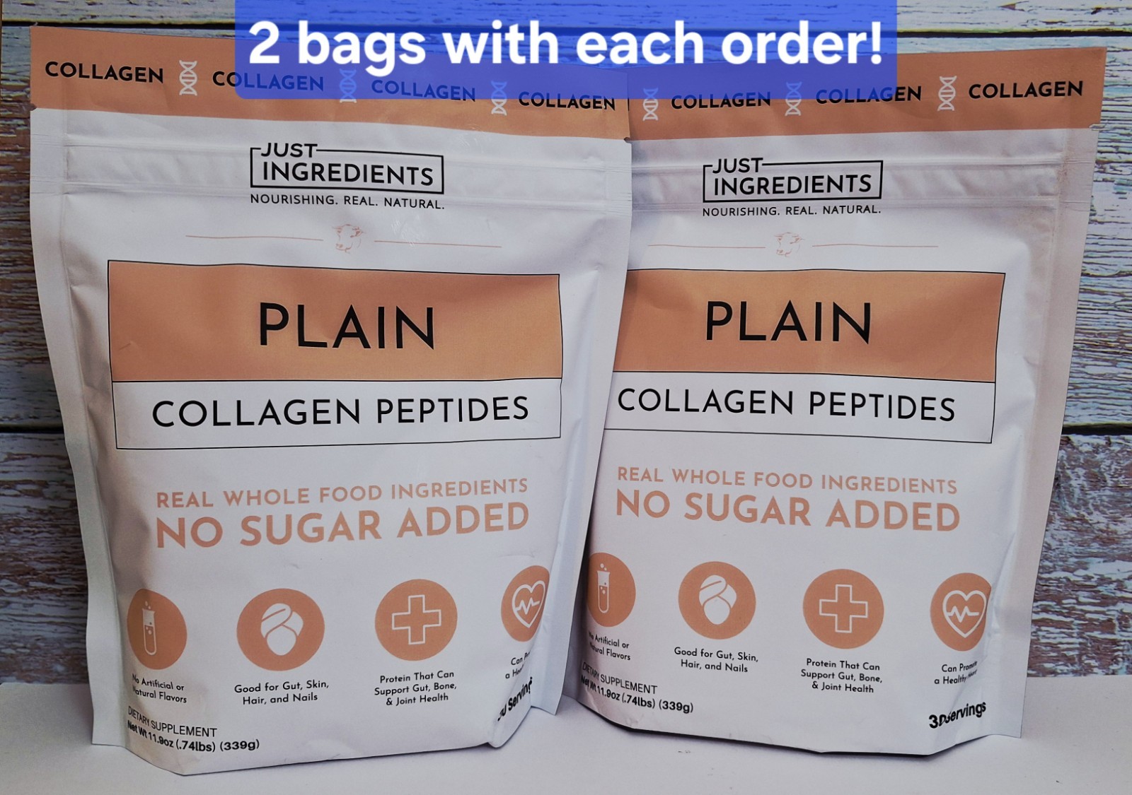 Just Ingredients Collagen Peptides, 2 Bags, 30 Serv, 10g Collagen Pro, 08/2027✨