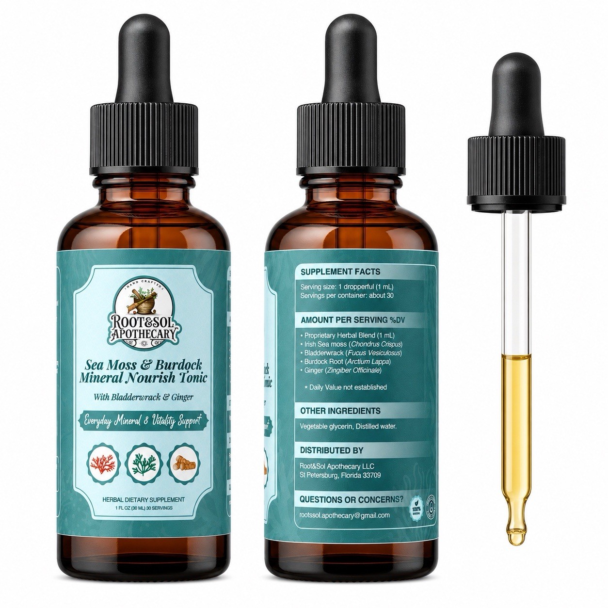Root&Sol Apothecary Sea Moss Burdock Bladderwrack Ginger Tonic 1 fl oz