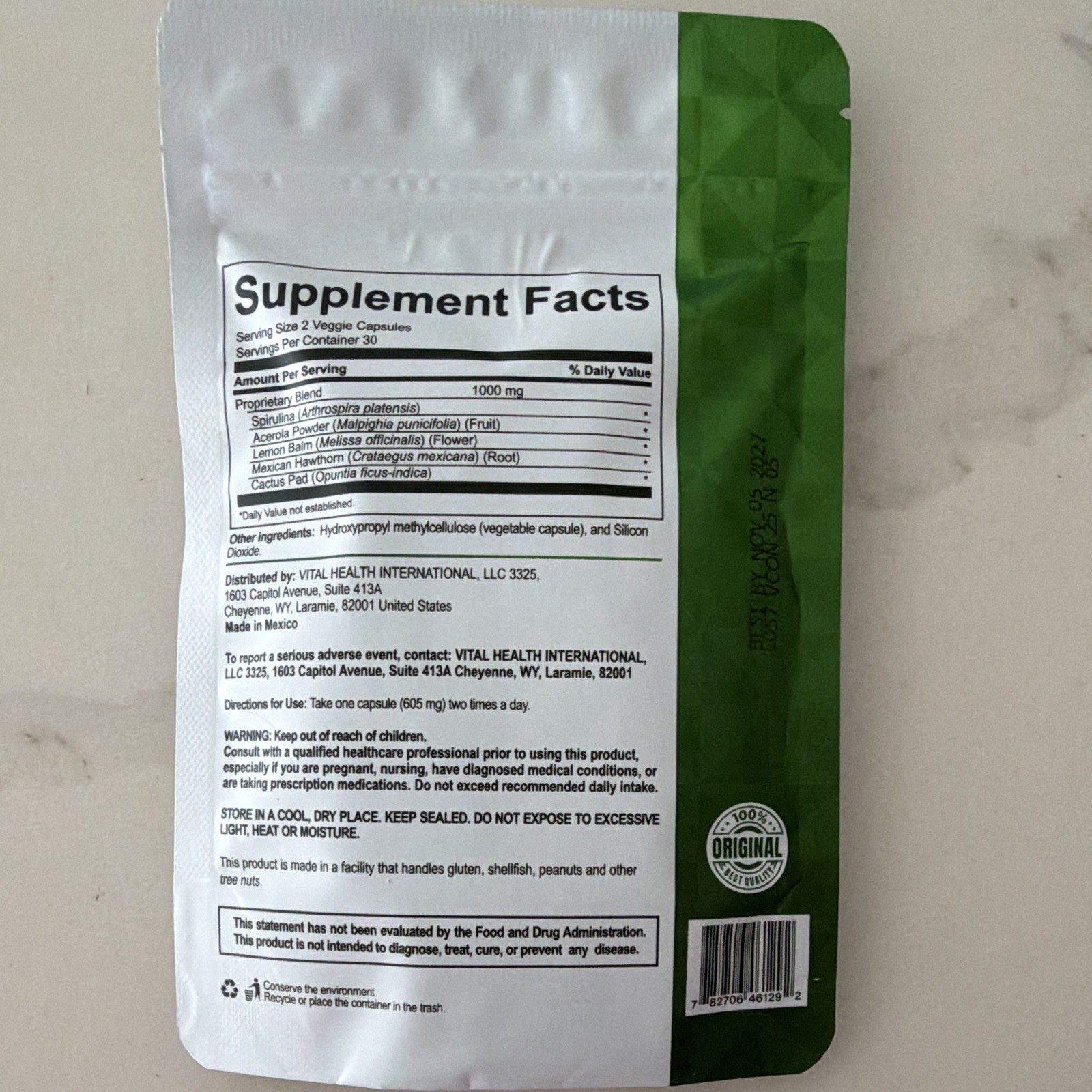 VitalHealth V-Control Dietary Supplement 60 Caps 1000mg Non-GMO