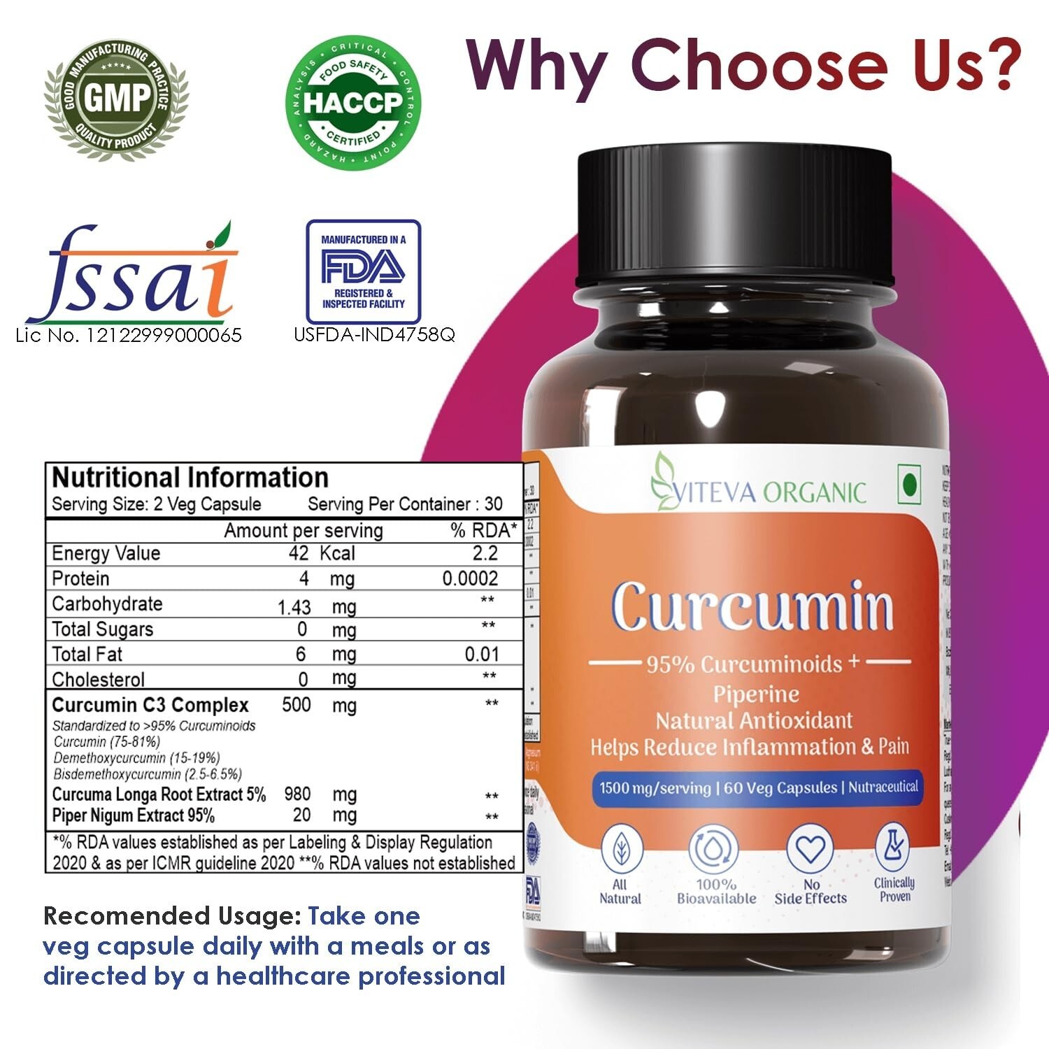 60 Capsules Curcumin 1500Mg Herbal Extract with BioPerine Turmeric Extract