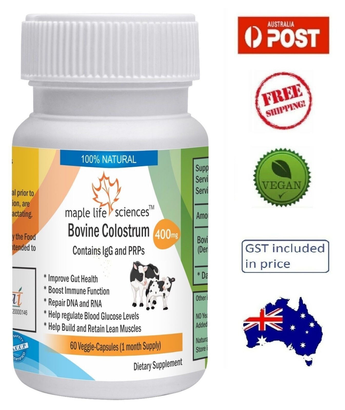 Bovine Colostrum (Cow Milk Colostrum) Capsules – 400mg – AU Stock