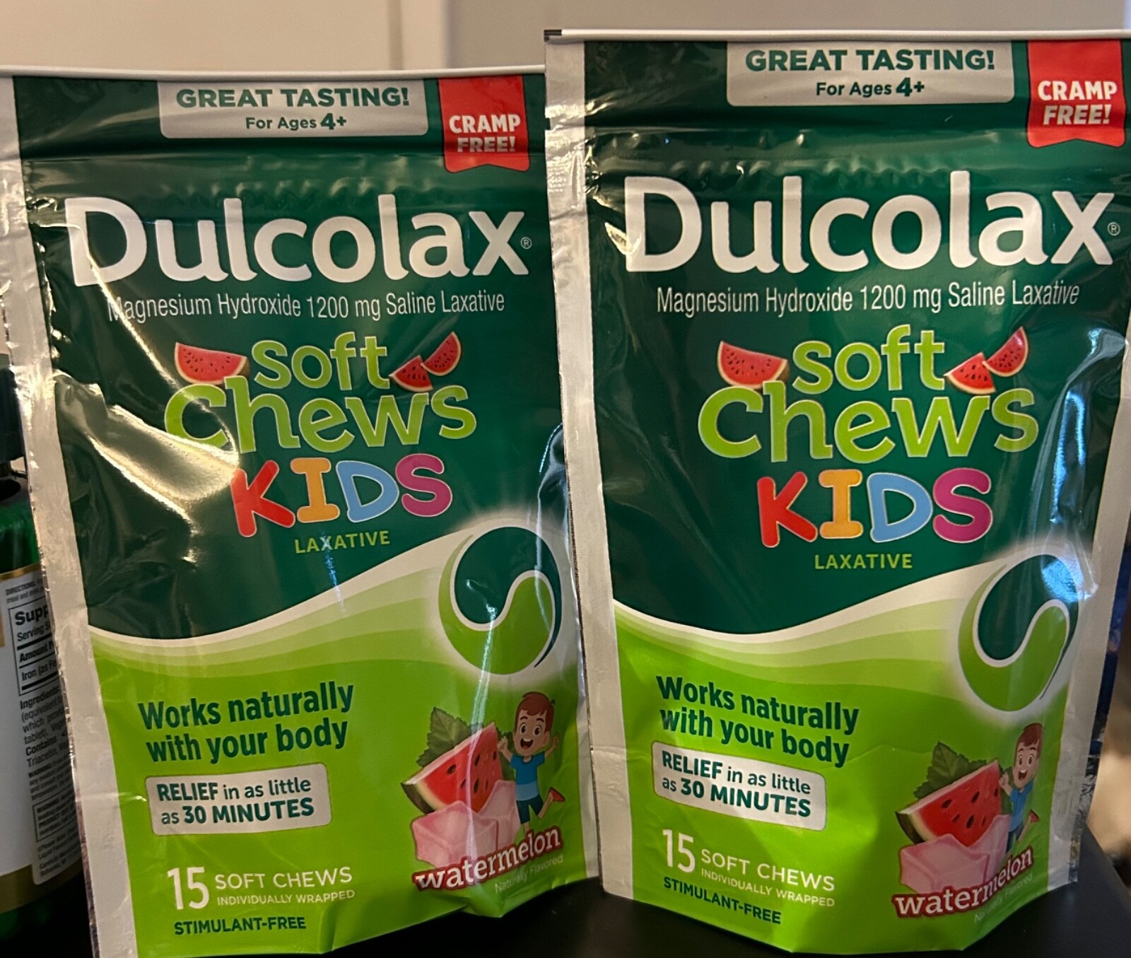 2 Packs of Dulcolax 15ct Soft Chews Kids Saline Laxative Watermelon Exp 08/2026