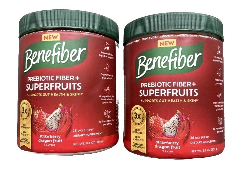 Two Benefiber Prebiotic Fiber+Superfruits 25 Day Supply 8.8 oz Powder Containers