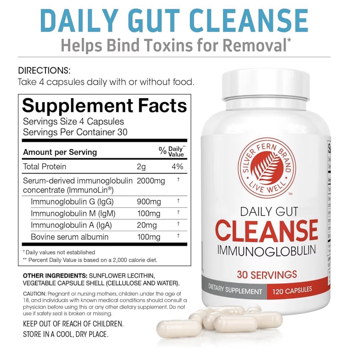 Silver Fern Daily Gut Cleanse Immunoglobulin Postbiotic 30 Day Supply 120capsule