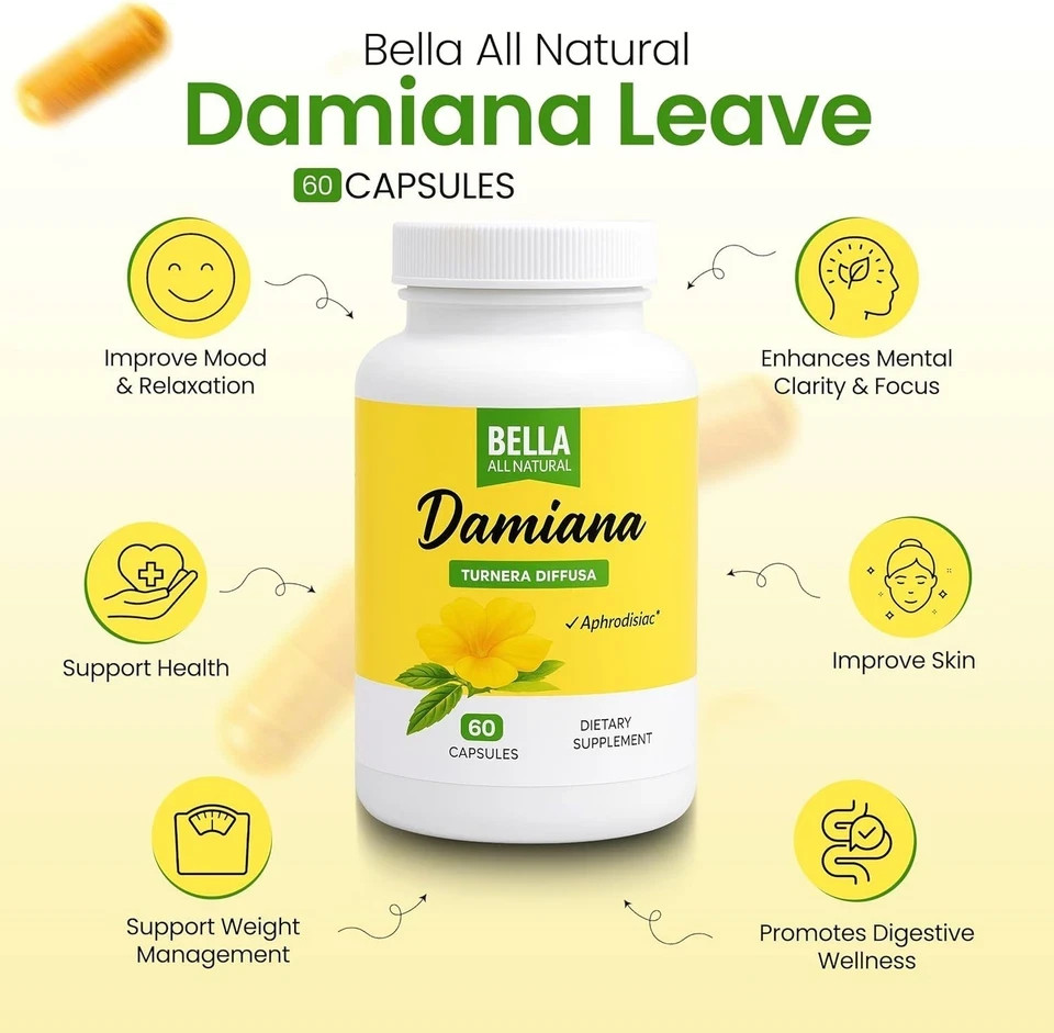 Bella All Natural Damiana Leaves Dietary Supplement,60ct Free shipping
