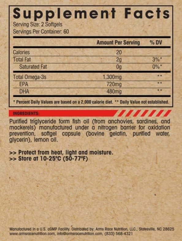 Arms Race Nutrition Omega High Purity Fish Oil – 120 Vegetable Capsules