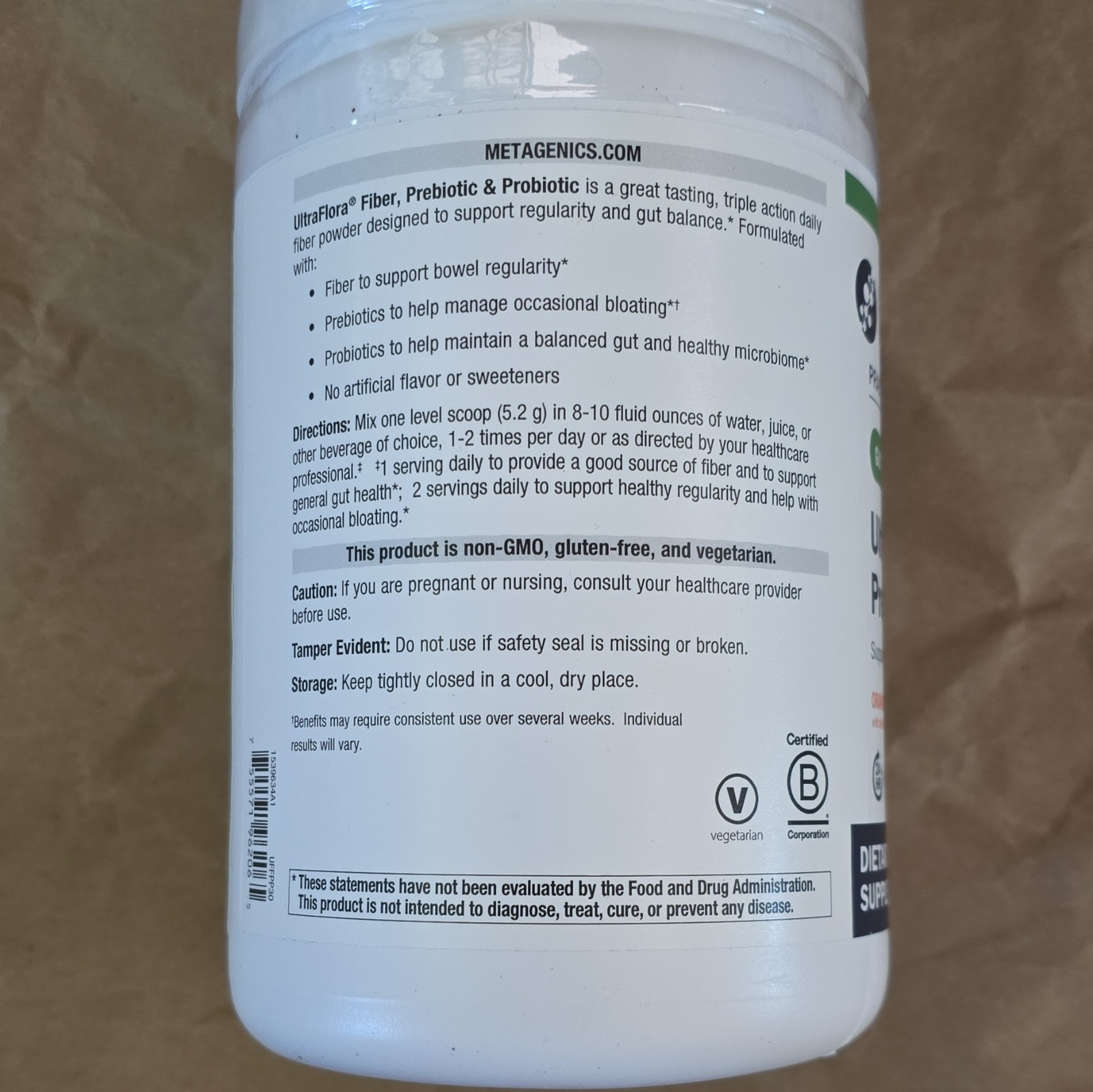 Metagenics UltraFlora Fiber Prebiotic + Probiotic Orange 5.46 oz Exp 01/2028
