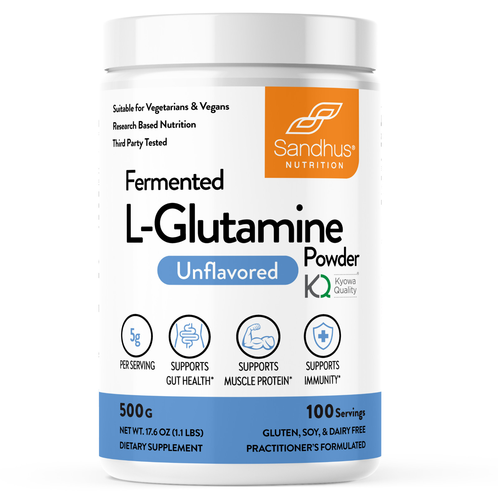 Sandhus Pure L-Glutamine Powder Made in USA, 500G- 100 Servings Non GMO