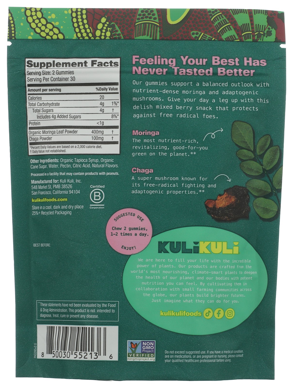 Kuli Mixed Berry Moringa And Chaga Mushroom Gummies 60 Plant-Based Ct 1 Pack