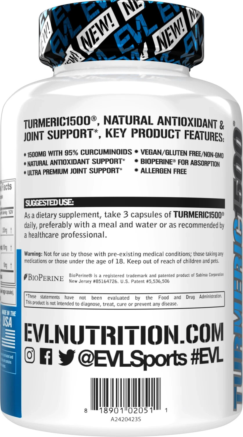 EVL EVLUTIONNutrition Nutrition Turmeric 1500 Antioxidant 90 Capsules EXP 01/26