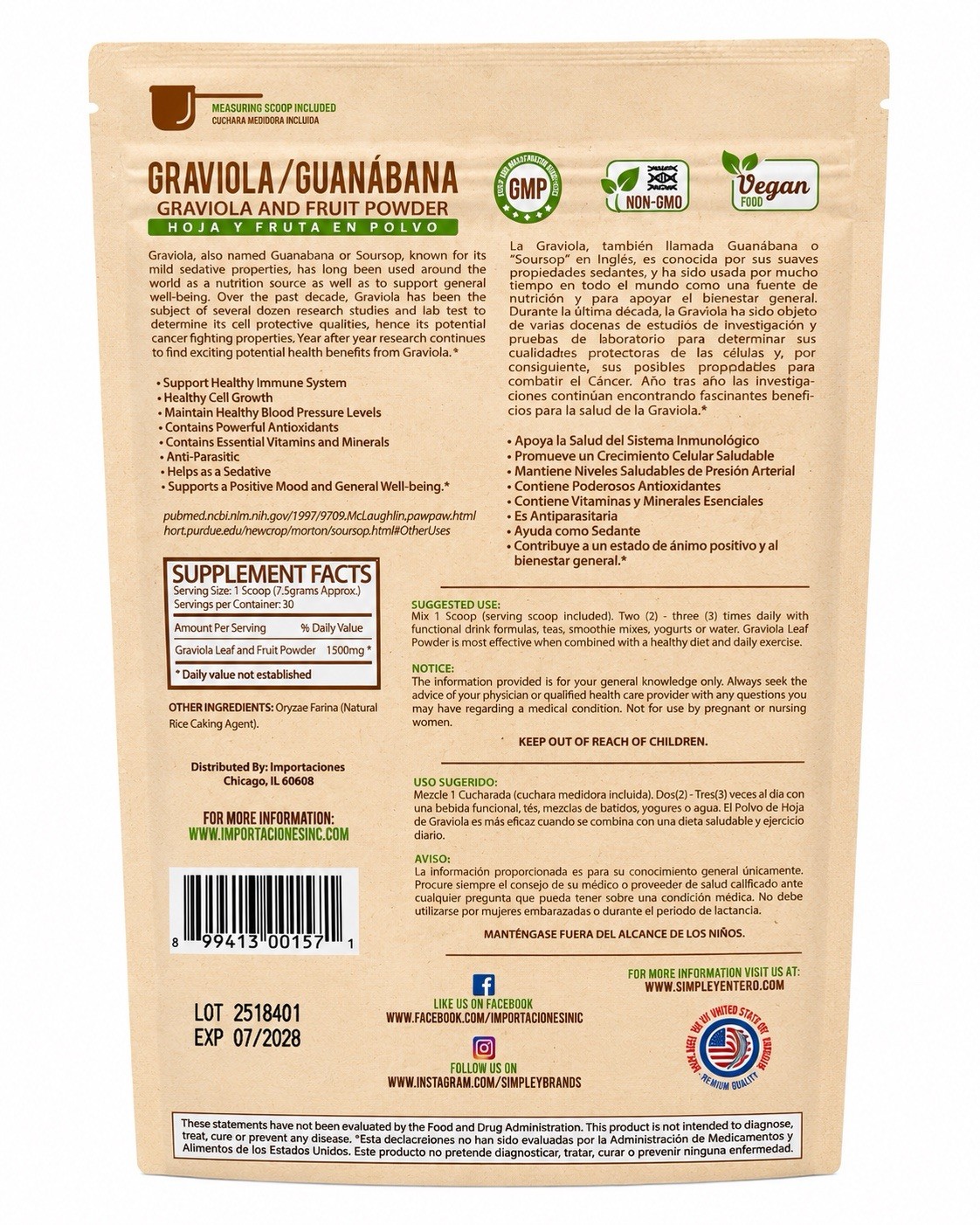 Guanabana Graviola Powder All Natural Non-GMO Vegan 8 oz