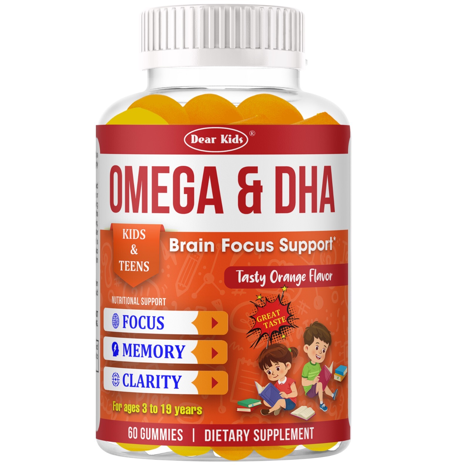 Brain Booster Focus Gummies for Kids & Teens, Omega 3 DHA Memory Supplement 60