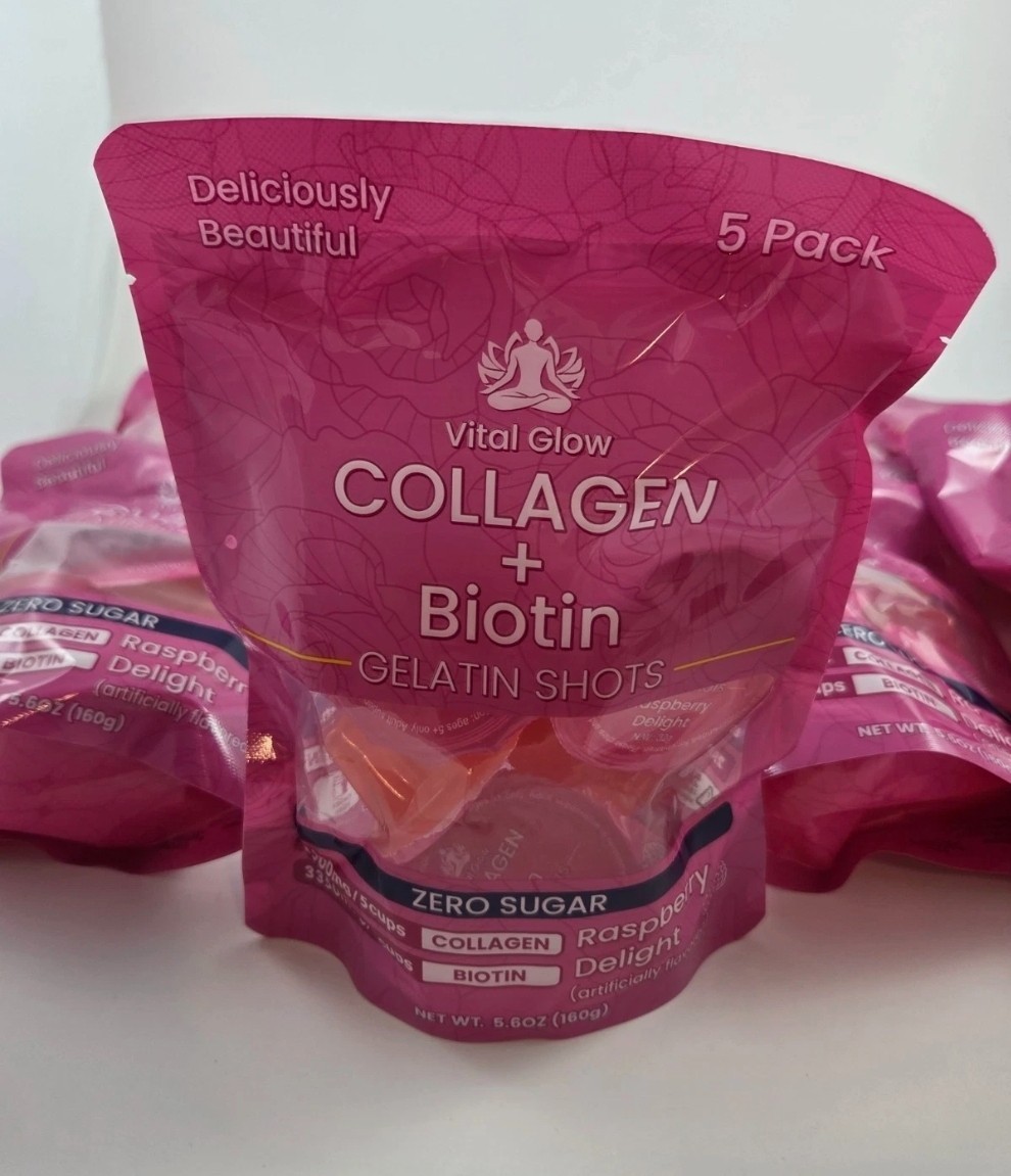 Lot Of 7 Vital Glow Collagen + Biotin Gelatin Shots 5 Pack Raspberry Zero Sugar