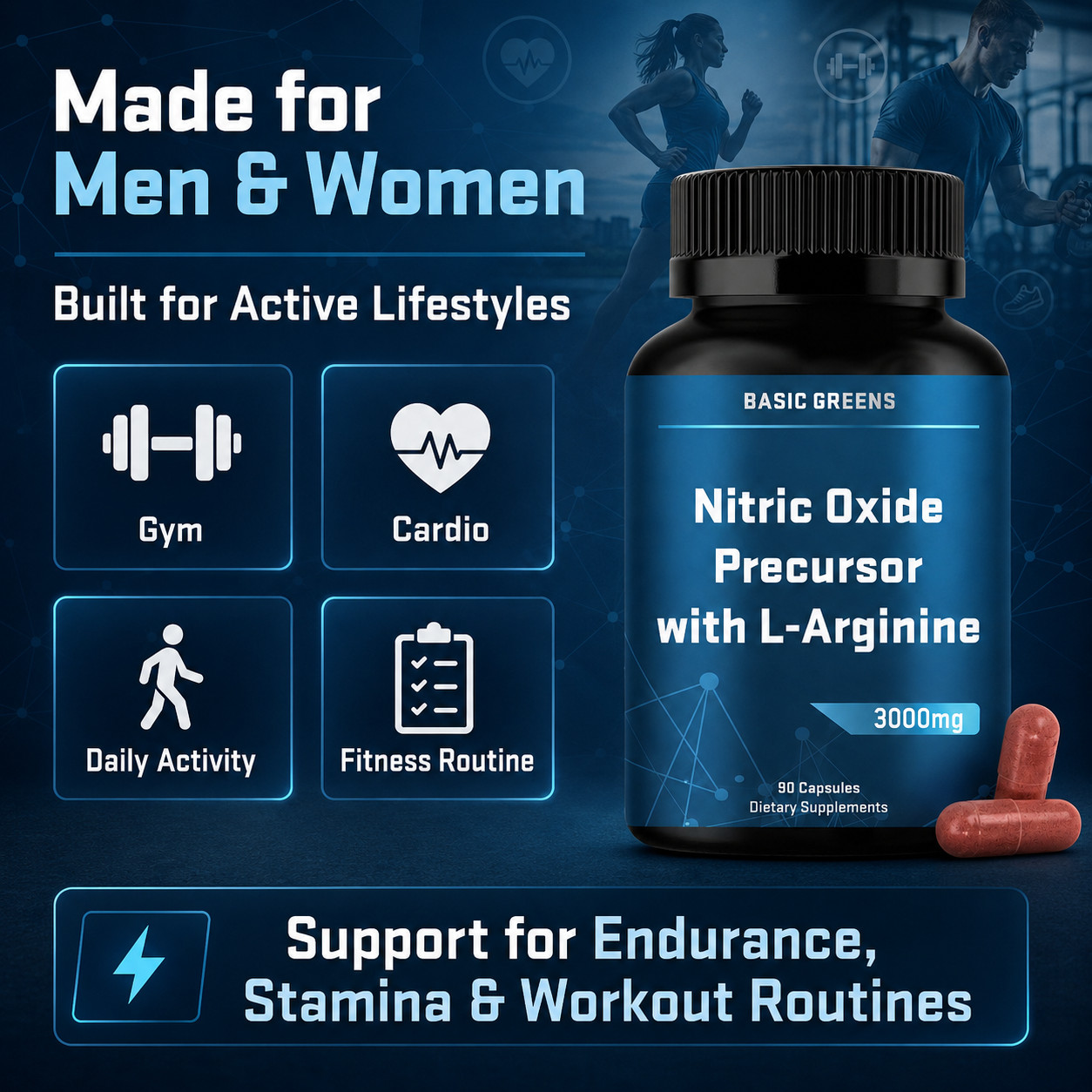 BASIC GREENS L-Arginine 3000mg Nitric Oxide Supplement Beet Root Vegan 90 Caps