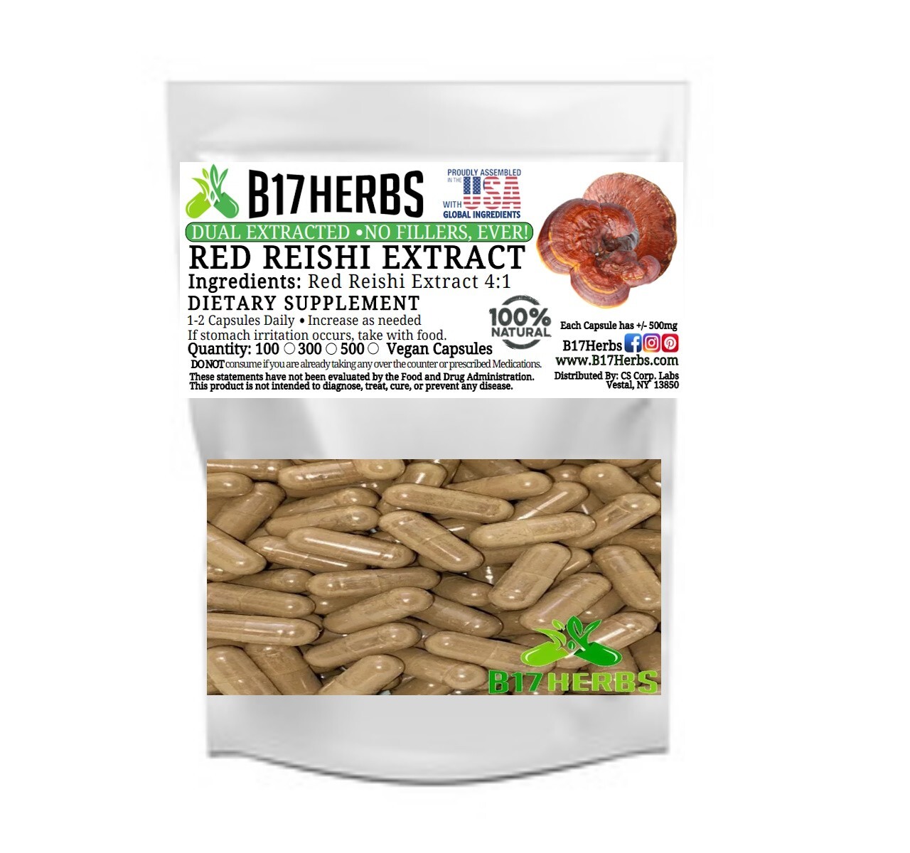 Red Reishi Extract 4:1 – Dual Extracted – Mushroom Powder – 100 veggie caps