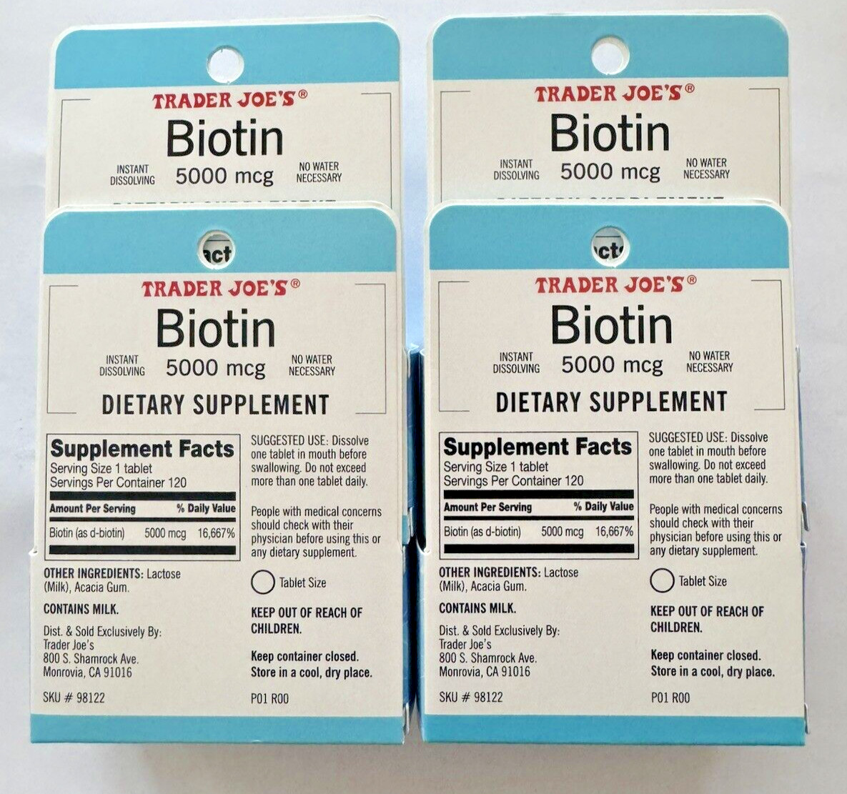 4 Packs Trader Joe’s Biotin Dietary Supplement 5000 mcg 120 Capsules Each