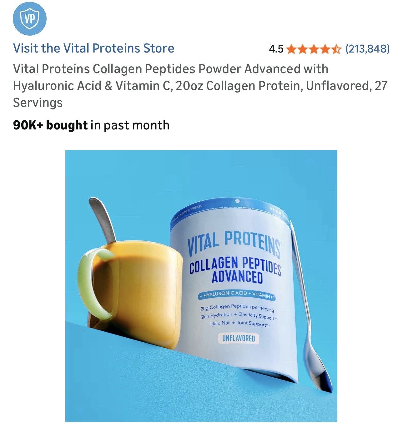 Vital Proteins Collagen Peptides Hyaluronic Acid Vitamin C Powder 20oz