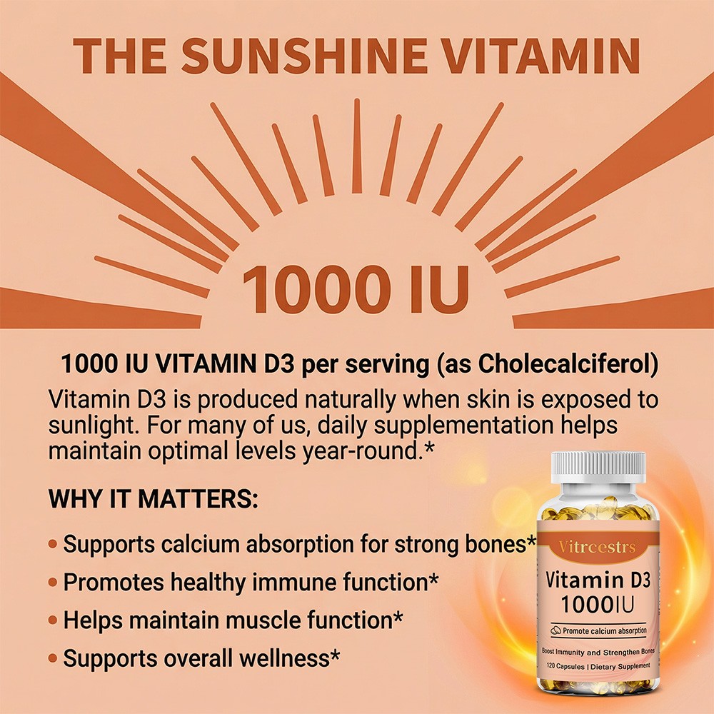 Vitamin D3 1000IU – Supports Calcium Absorption, Strong Bones & Healthy Immunity