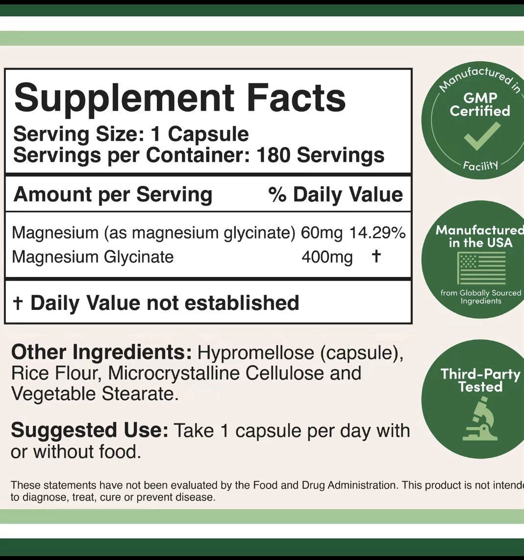 Double Wood Magnesium Glycinate 400mg 180 Veggie Capsules Bone Health