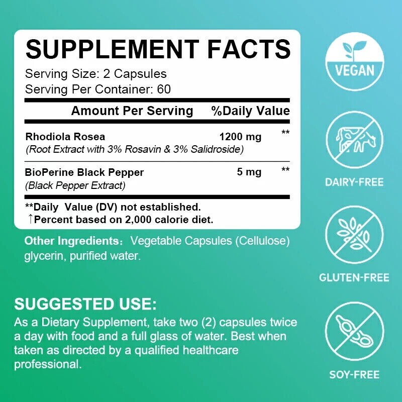 Rhodiola Rose Root Extract Capsules + Concentration & Memory 30 – 120 Capsules