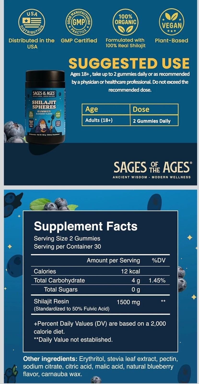 Shilajit 1500mg Blueberry Plant Based Gummies 60 Ct by Sages of the Ages
