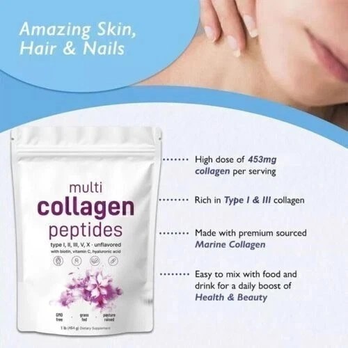 Multi Collagen Peptides Powder 2 lb Hydrolyzed Protein Peptide Type I,II,III,V,X