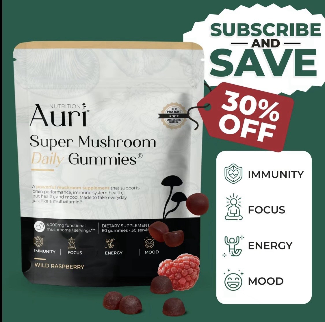Auri Super Mushroom Daily Gummies Immune Energy Mood Support Wild Raspberry 60