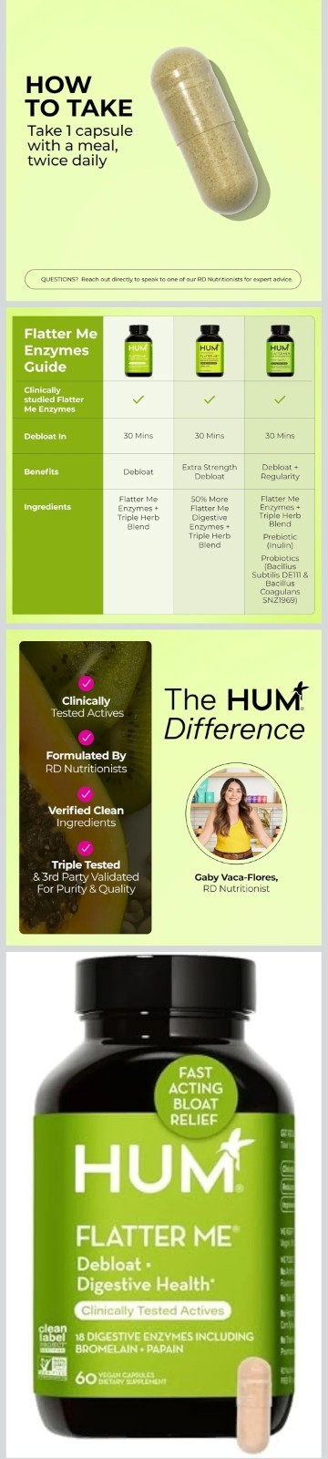 2 X HUM Flatter Me Debloat Digestive Support Vegan Non-GMO Gluten-Free 120 Caps