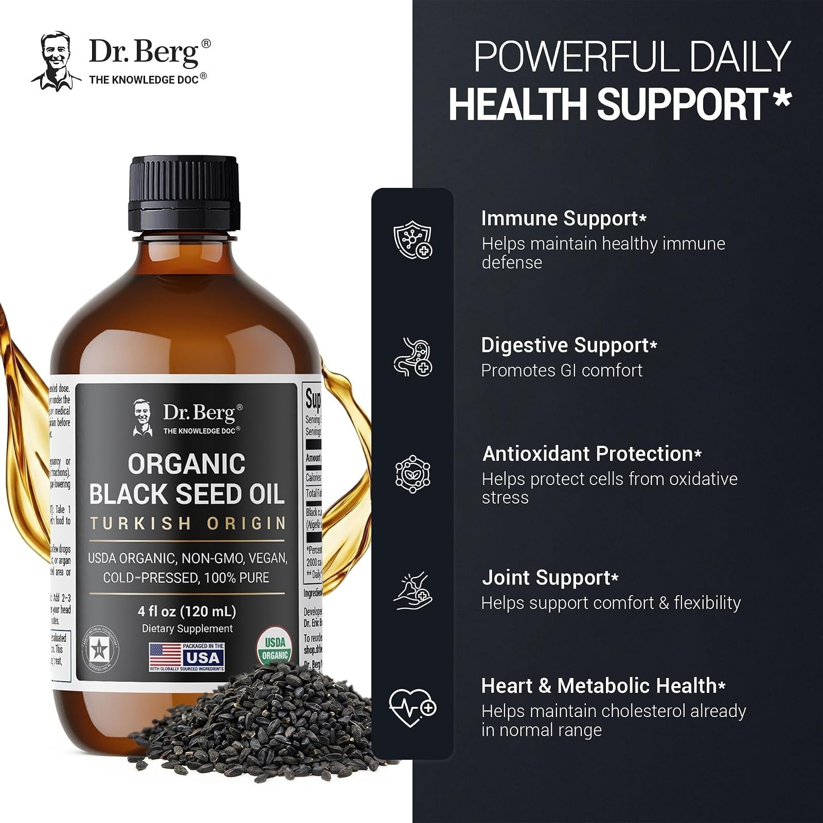 Dr. Berg Black Seed Oil Organic Cold Pressed 4 oz – Immune Support, Vegan