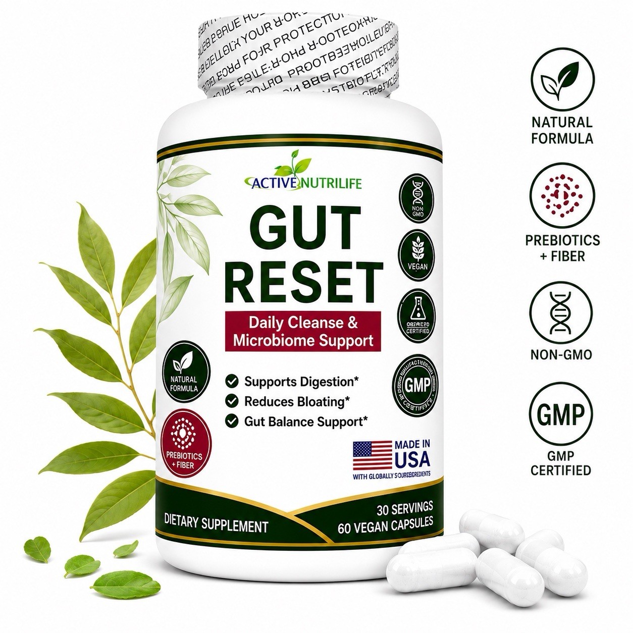 Gut Reset Probiotics Fiber Capsules for Digestion Bloating Relief 60ct