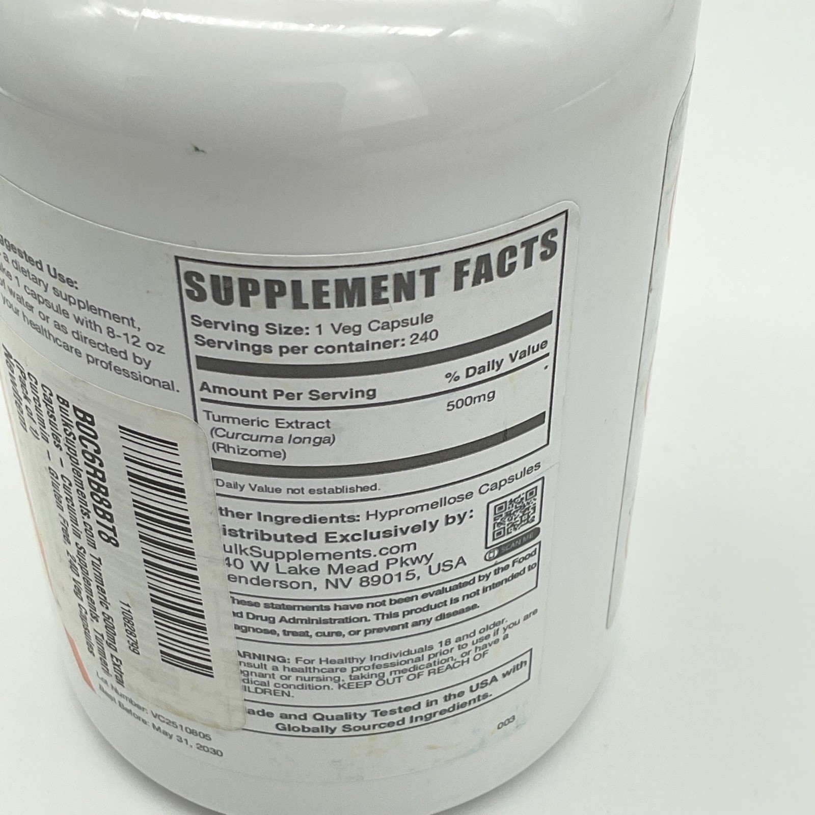 BulkSupplements Turmeric Curcumin 500mg 240 Veg Capsules Gluten Free Exp 05/2030