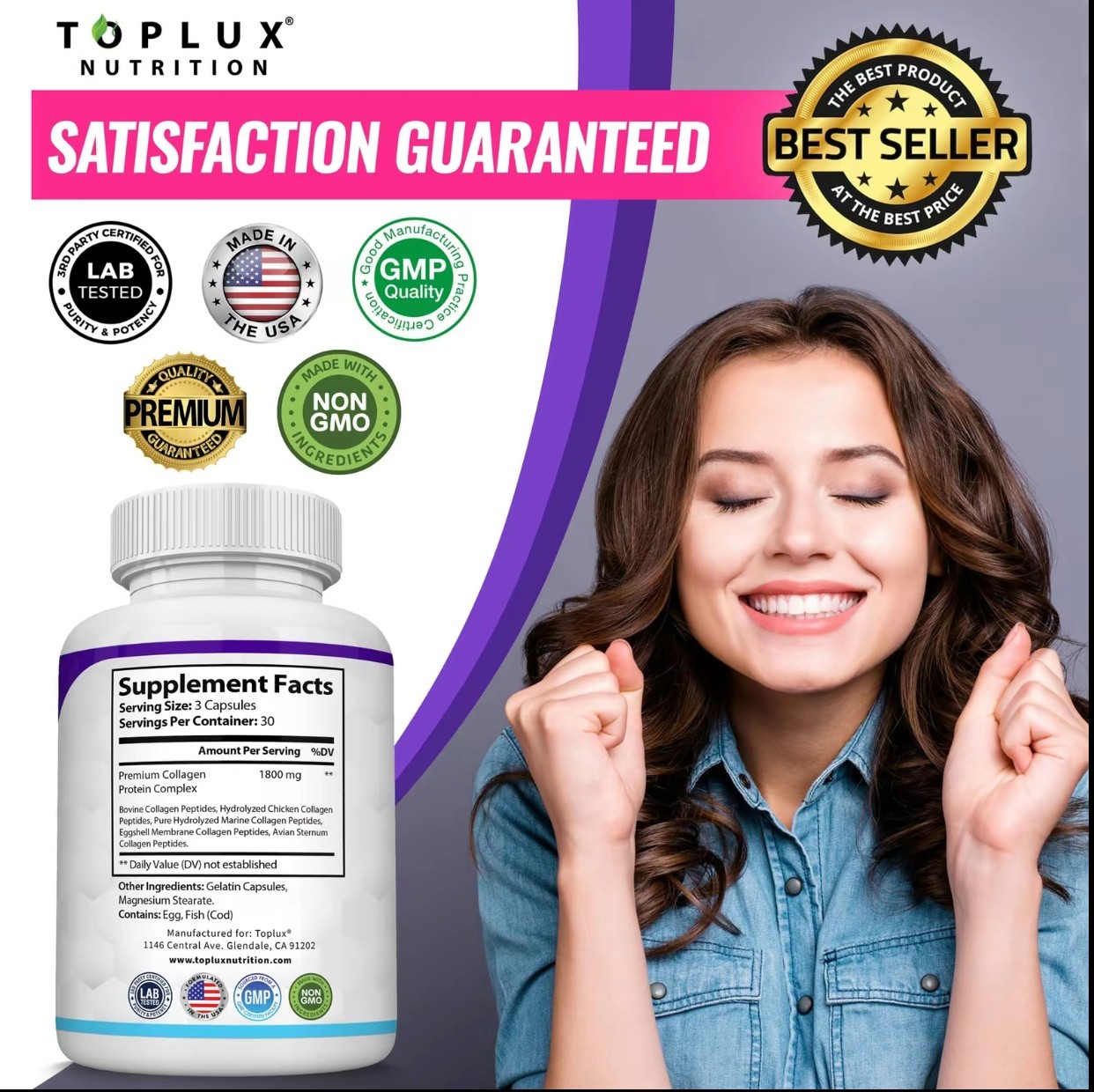 Toplux Nutrition Collagen Peptides 5 Types 1800mg US-Made 90 Capsules