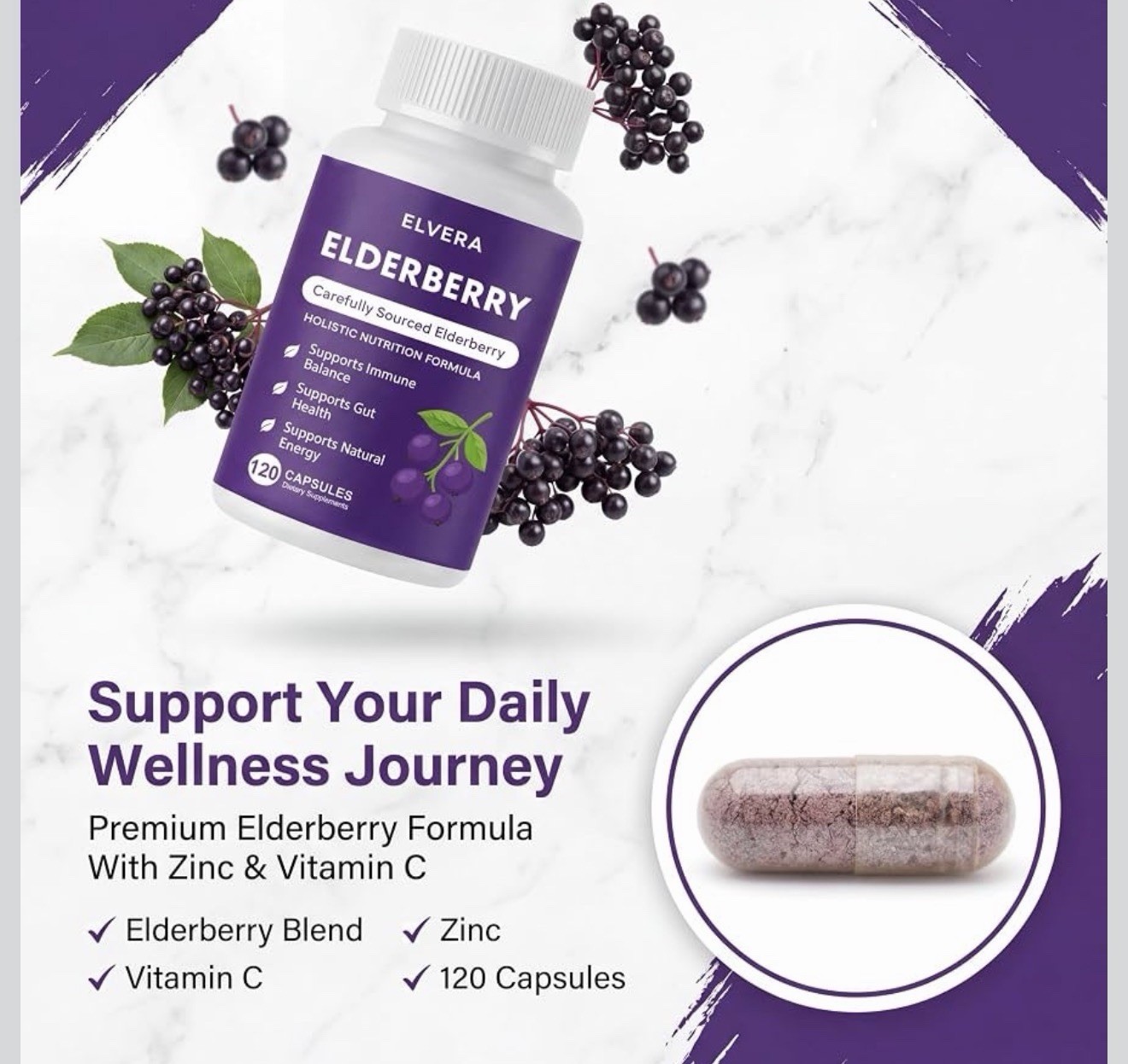 ELVERA Elderberry Capsules w/ Zinc & Vitamin C Vegan Non-GMO 120 Ct