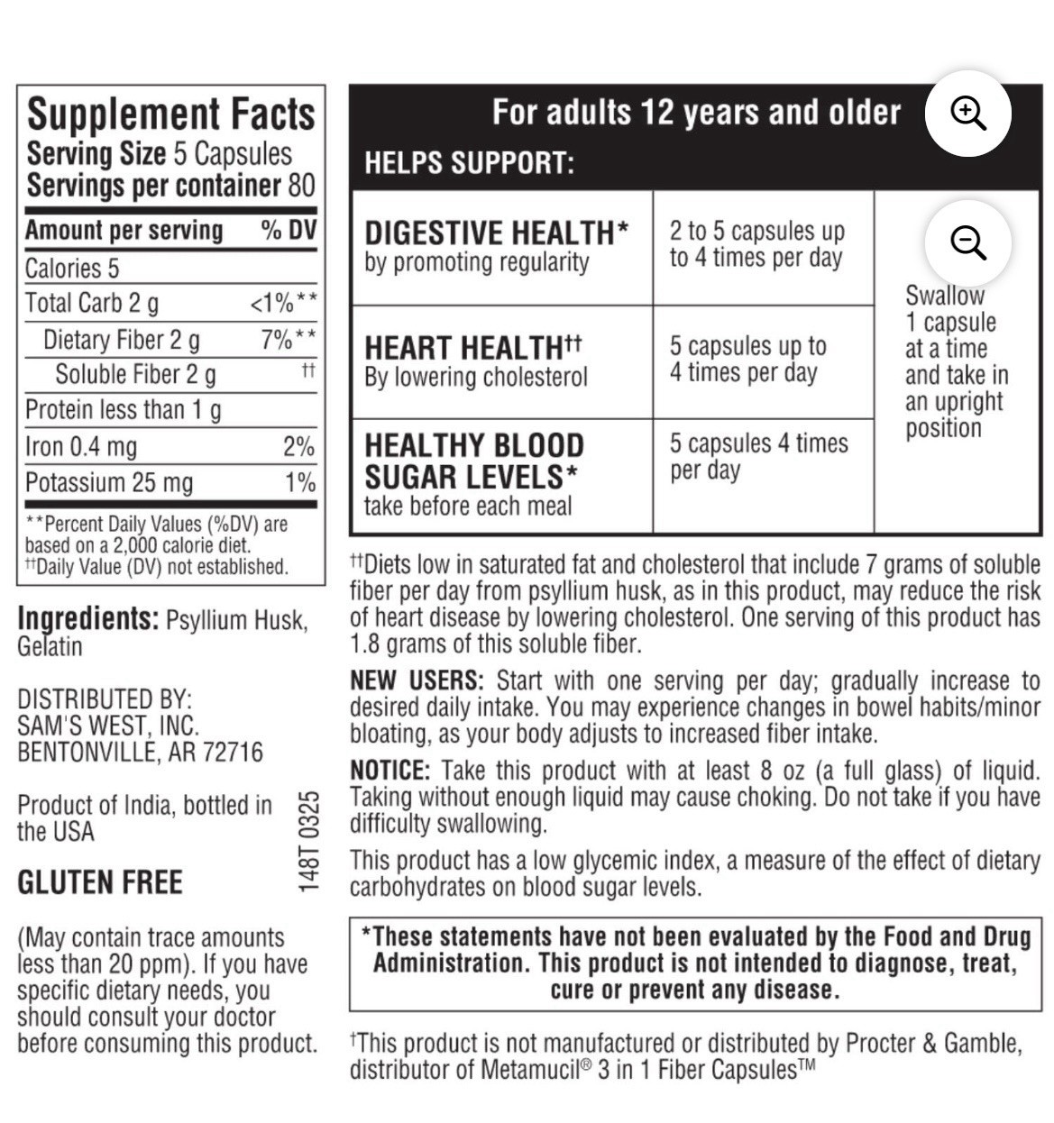 Member’s Mark Psyllium Fiber Capsules Gluten-Free 100% Natural Twin Pack 2×400