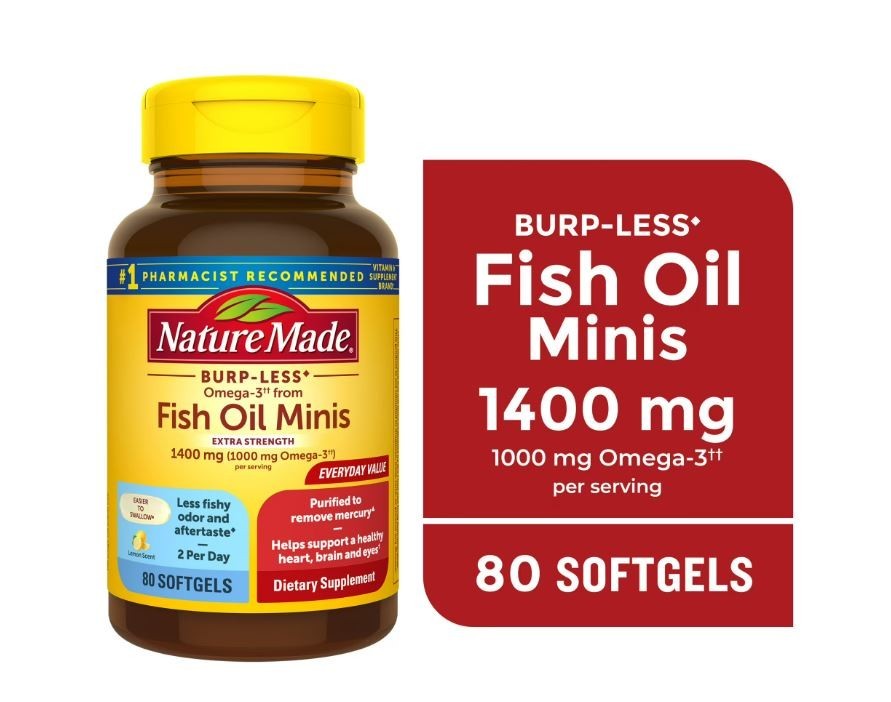 Nature Made Burp-Less Omega-3 from Fish Oil 1400 Mg Minis Softgels, 80 Count