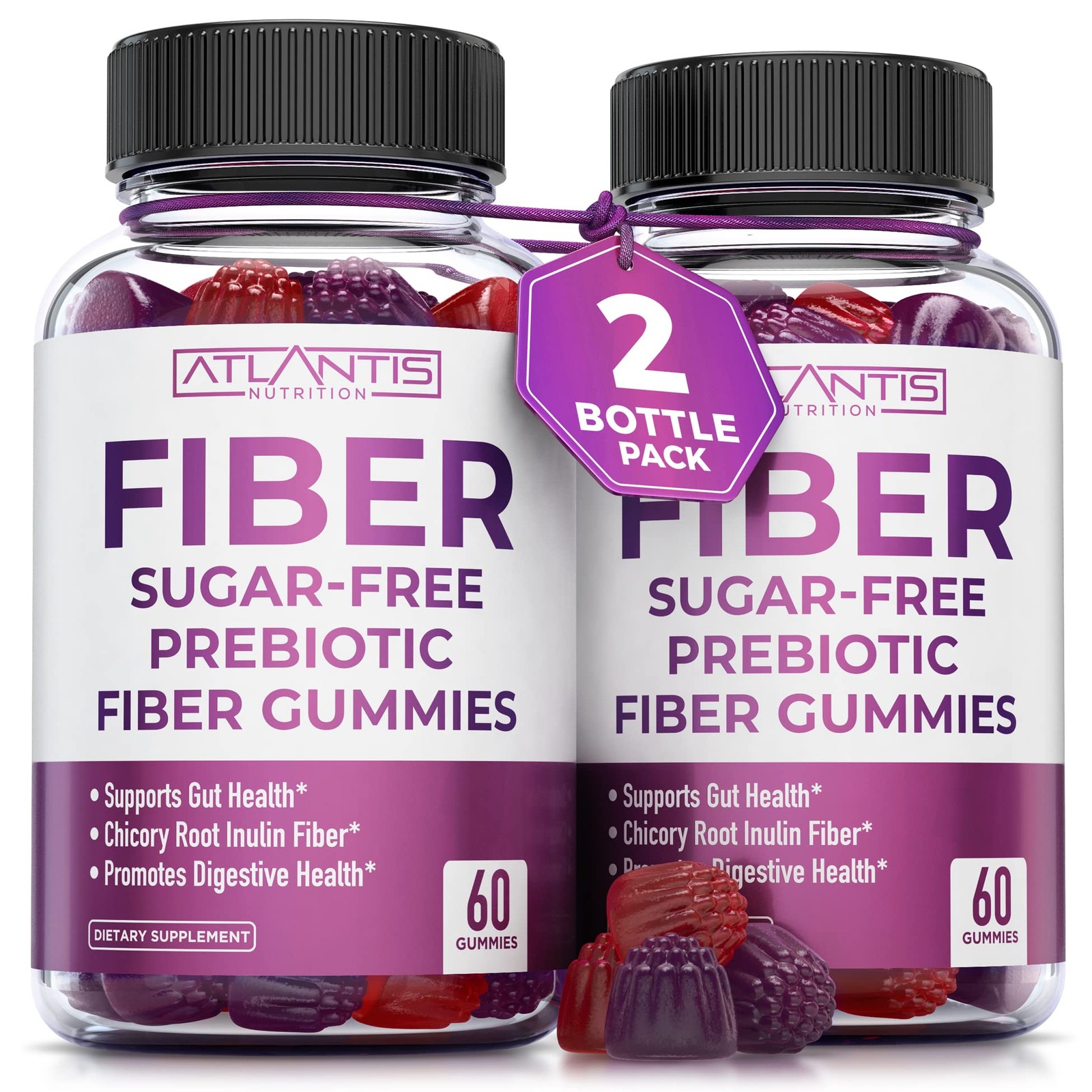 Atlantis Nutrition Sugar Free Fiber Gummies for Adults – 60 Count (Pack of 2)