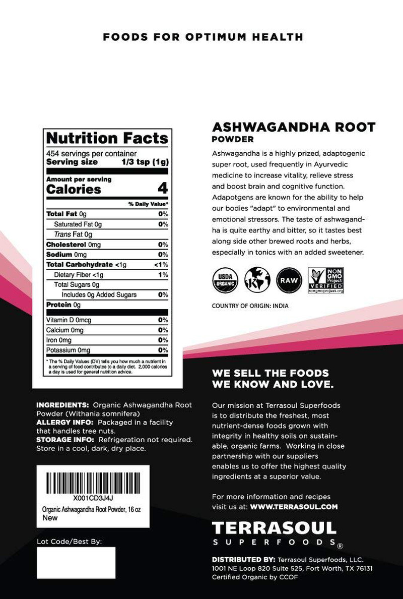 Organic No GMO Ashwagandha Root Powder Superfoods 1 Lb Bag – Stress Adaptogen La