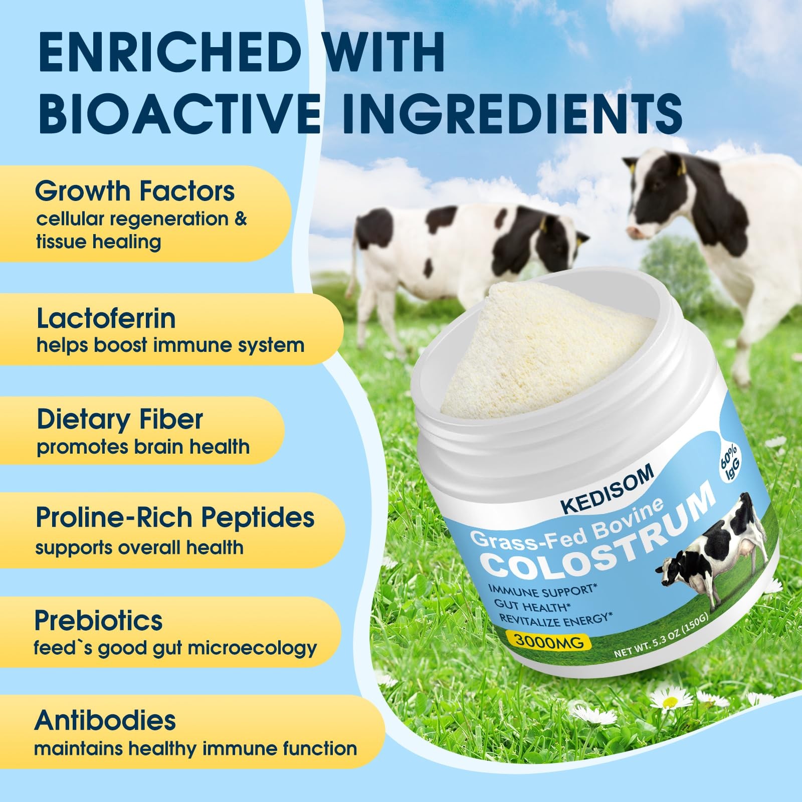 KEDISOM Grass-Fed Bovine Colostrum Supplement 5.3 Ounce (Pack of 1), 150g